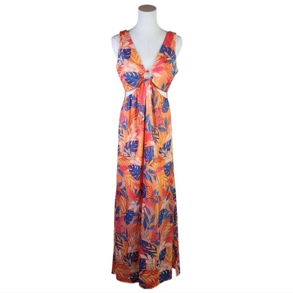 GUESS Tropical Print Maxi Dress Size 6 Cutout Ring Front Cruise Vacation Vibes